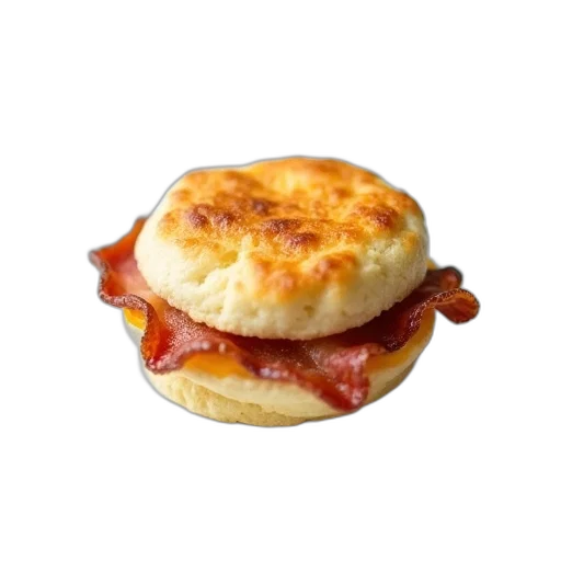food, weapon, photorealistic, bacon, egg, muffin, white, plate transparent PNG cut-out