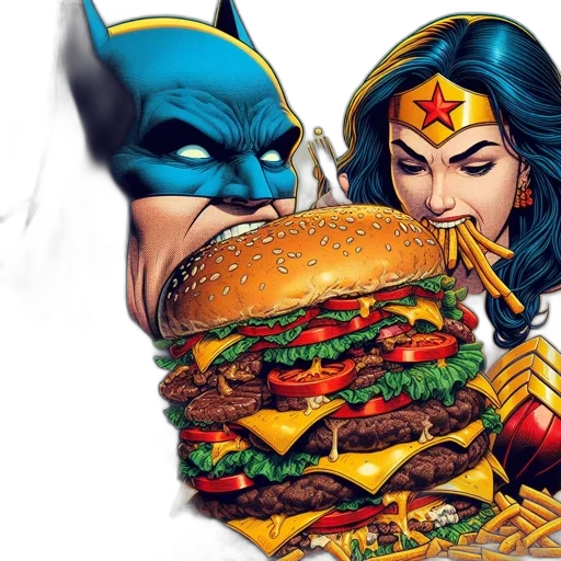 food, comic book art, concept art, batman, wonder, woman, depicted, humorous transparent PNG cut-out