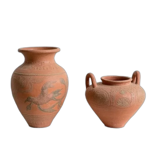 3d render, photorealistic, two, ancient, clay, pots, intricate, designs transparent PNG cut-out
