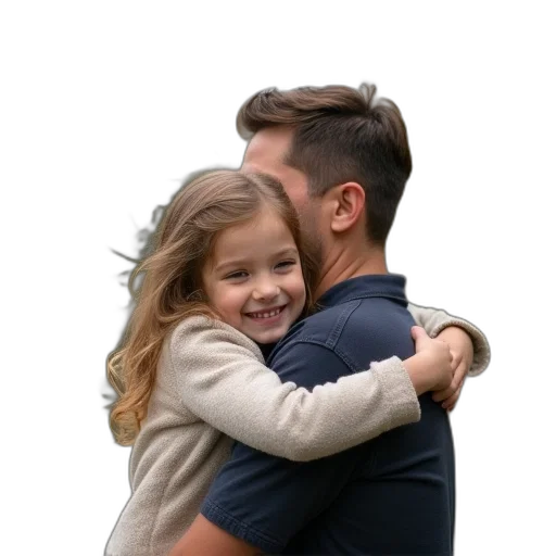 jacket, photorealistic, young, child, hugs, adult, side transparent PNG cut-out
