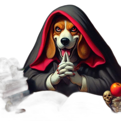 concept art, fantasy art, pixel art, photorealistic, beagle, wearing, red-and-black, cloak transparent PNG cut-out