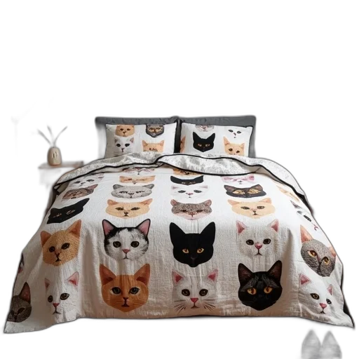 cozy, bedroom, large, bed, covered, quilt, featuring, pattern transparent PNG cut-out