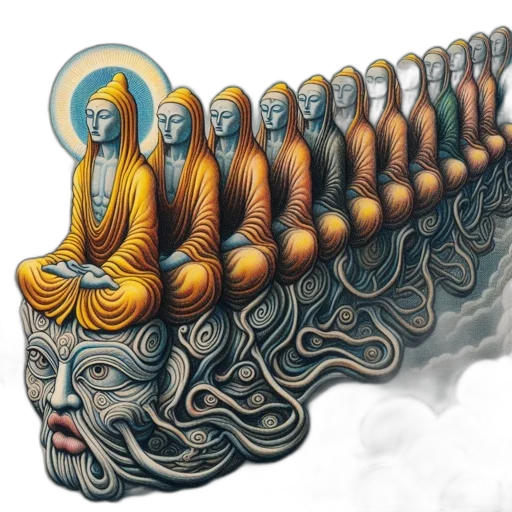 mask, crown, concept art, fantasy art, photorealistic, meditative, figure, hovers transparent PNG cut-out