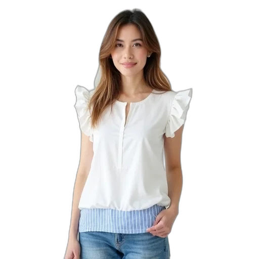 photorealistic, monochrome, young, woman, wearing, white, top, blue transparent PNG cut-out