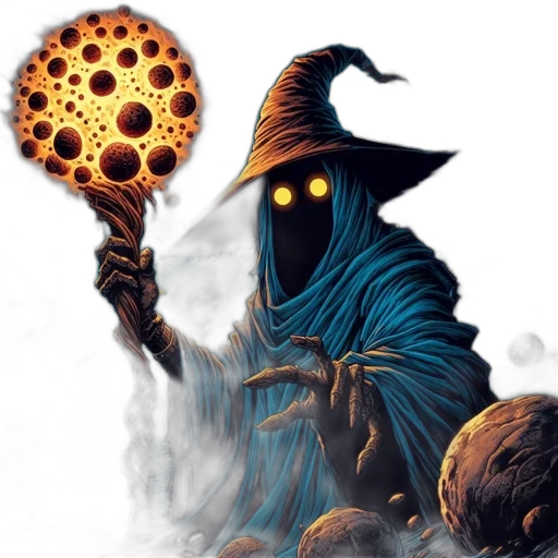 staff, mask, concept art, fantasy art, comic book art, pixel art, fire, enigmatic transparent PNG cut-out