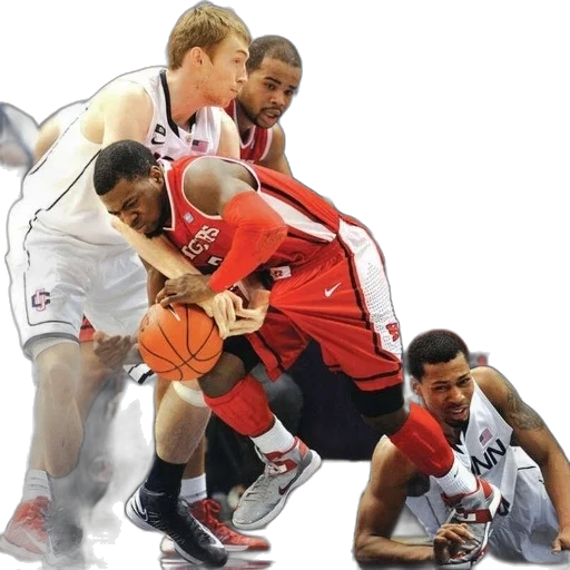basketball, game, player, red, white, uniform, falling, ground transparent PNG cut-out