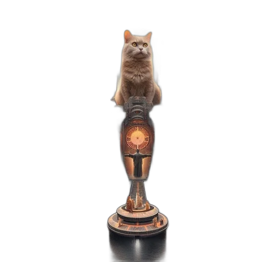 staff, bottle, furniture, animal, futuristic, feline-themed, cityscape, features transparent PNG cut-out