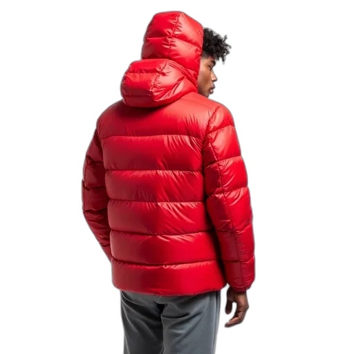 jacket, 3d render, red, person, wearing, puffer, shiny, smooth transparent PNG cut-out