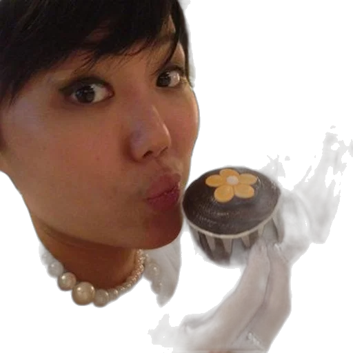 food, photorealistic, woman, wearing, pearl, necklace, holds, chocolate transparent PNG cut-out