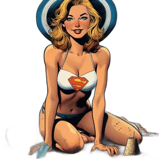comic book art, concept art, cartoon, woman, white, bikini, resembling, superman transparent PNG cut-out