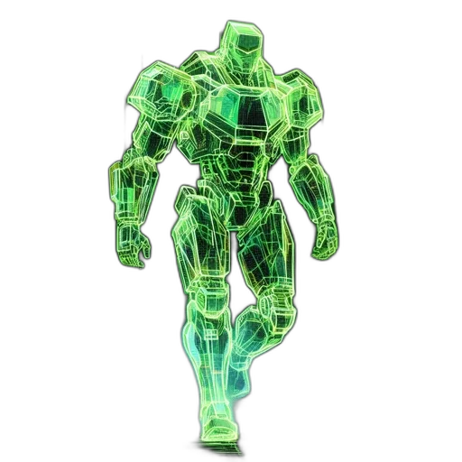 robot, weapon, 3d render, concept art, pixel art, cyberpunk, green, luminescent transparent PNG cut-out