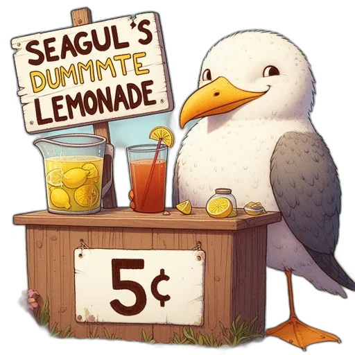 concept art, pixel art, watercolor, 3d render, seagull, stands, lemonade, stand transparent PNG cut-out