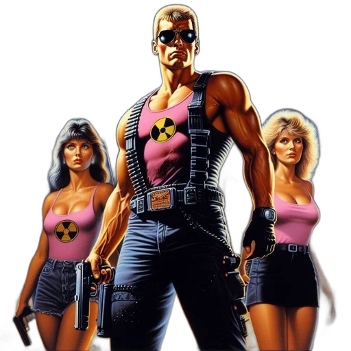 comic book art, concept art, cyberpunk, pixel art, muscular, man, two, women transparent PNG cut-out