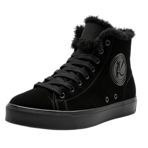 shoes, black, fuzzy, high-top, sneaker, round, logo, side transparent PNG cut-out