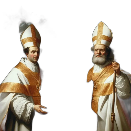 concept art, two, religious, figures, elaborate, clerical, attire, hold transparent PNG cut-out