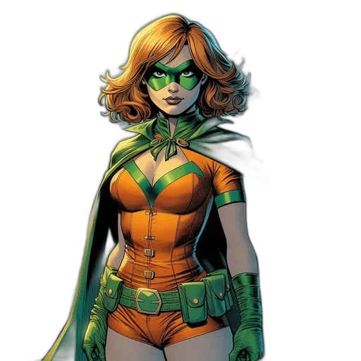comic book art, concept art, green, female, superhero, orange, hair, stands transparent PNG cut-out