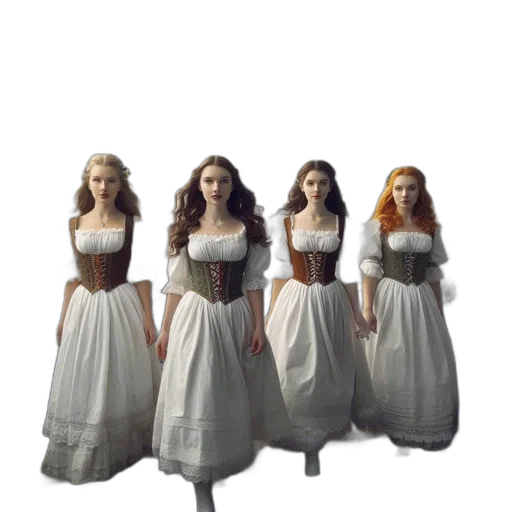 dress, 3d render, concept art, fantasy art, photorealistic, four, women, vintage transparent PNG cut-out