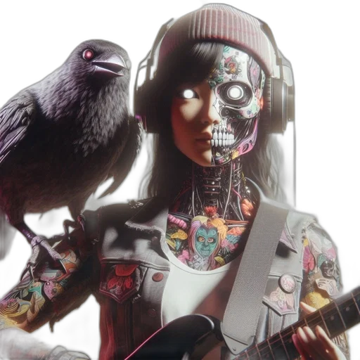 concept art, 3d render, cybernetic, woman, glowing, half-face, detailed, tattoos transparent PNG cut-out