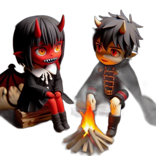 3d render, concept art, fantasy art, pixel art, fire, dark, two, characters transparent PNG cut-out