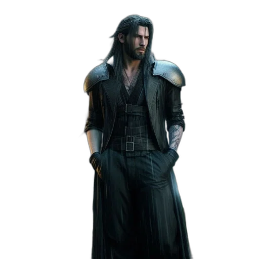 jacket, sword, concept art, fantasy art, 3d render, cyberpunk, dark, during transparent PNG cut-out