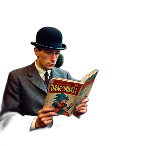 hat, umbrella, comic book art, photorealistic, concept art, 3d render, man, vintage transparent PNG cut-out