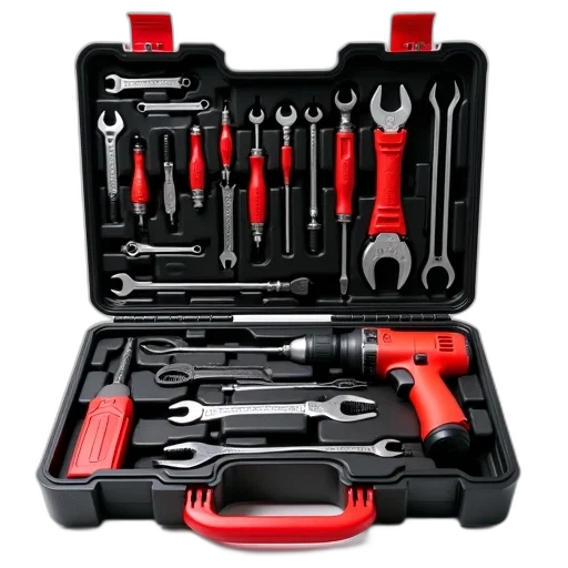 staff, weapon, black, toolbox, open, displaying, assortment, tools transparent PNG cut-out