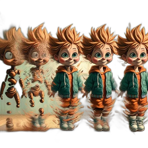 3d render, concept art, fantasy art, earth tones, animated, orange-haired, characters, experience transparent PNG cut-out