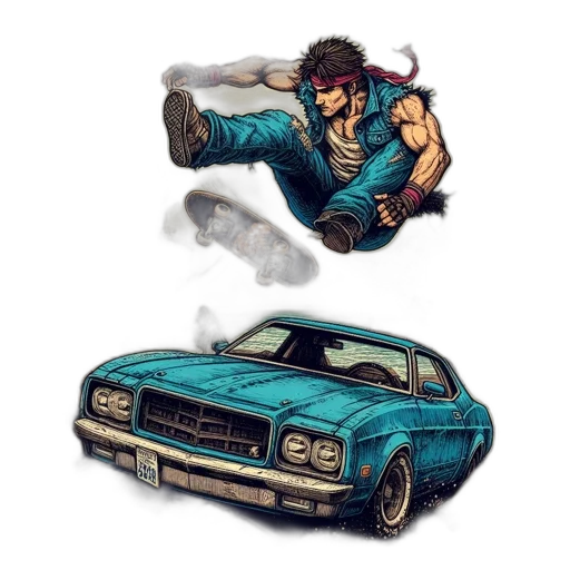 car, concept art, comic book art, fantasy art, pixel art, blue, skateboarder, performing transparent PNG cut-out
