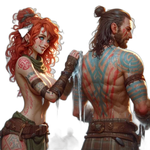 fantasy art, concept art, comic book art, cyberpunk, fire, underwater, red, two transparent PNG cut-out