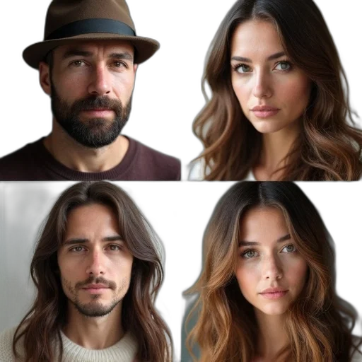 hair, hat, face, photorealistic, concept art, earth tones, collage, four transparent PNG cut-out