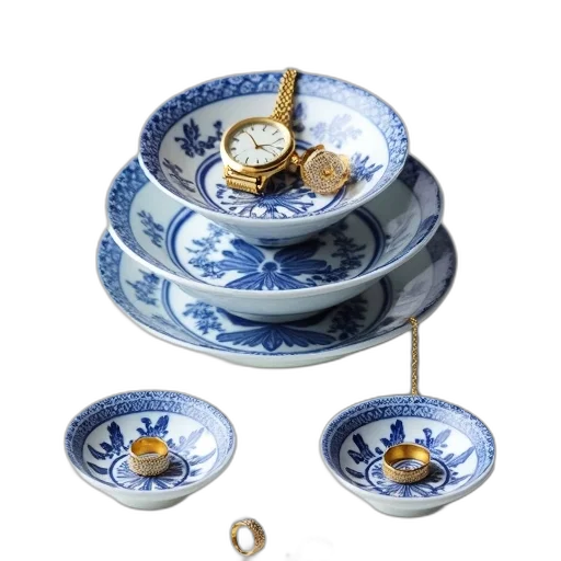 jewelry, food, blue, stack, three, white, porcelain, dishes transparent PNG cut-out
