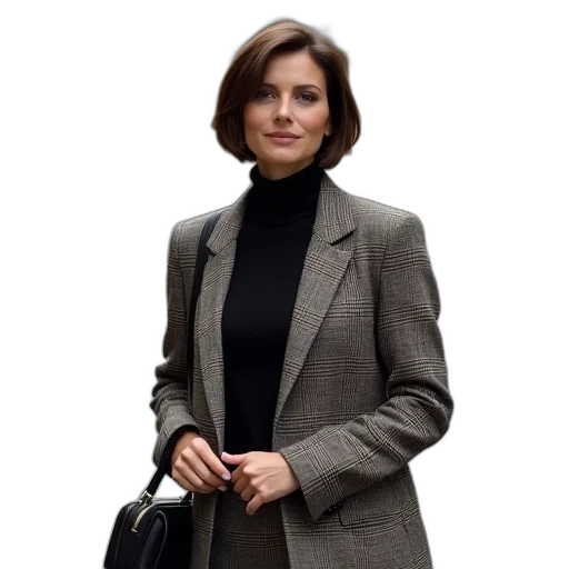 jacket, staff, jewelry, woman, short, hair, wearing, black transparent PNG cut-out