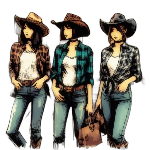 comic book art, concept art, cartoon, fantasy art, earth tones, three, young, women transparent PNG cut-out