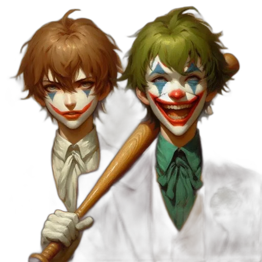 concept art, pixel art, comic book art, fantasy art, two, animated, characters, clown transparent PNG cut-out