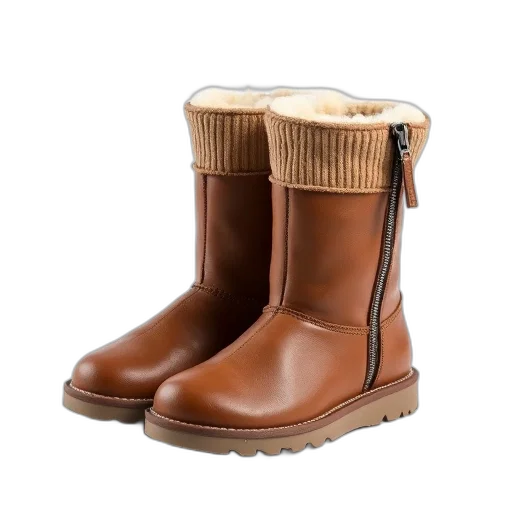 shoes, pair, brown, leather, boots, fur-lined, interior, displayed transparent PNG cut-out