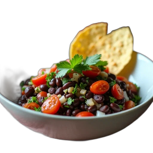food, photorealistic, 3d render, bowl, salad, black, beans, tomatoes transparent PNG cut-out