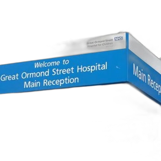 blue, sign, welcomes, visitors, great, ormond, street, hospital transparent PNG cut-out