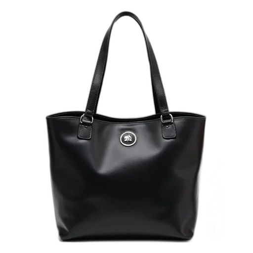 black, leather, tote, bag, silver, buckle, circular, logo transparent PNG cut-out