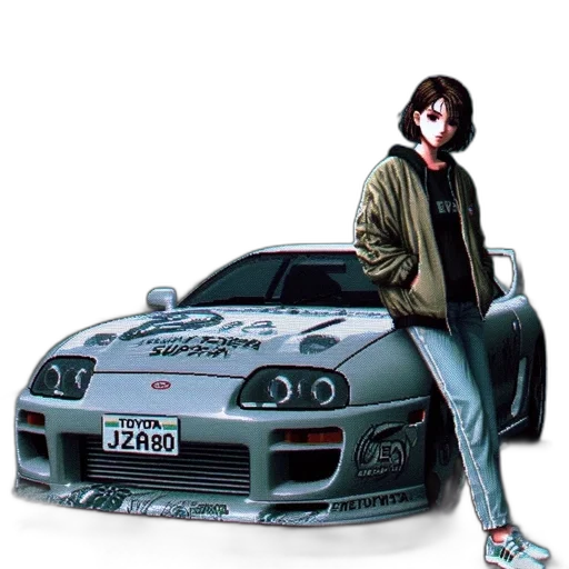 car, jacket, weapon, photorealistic, vaporwave, concept art, anime, woman transparent PNG cut-out