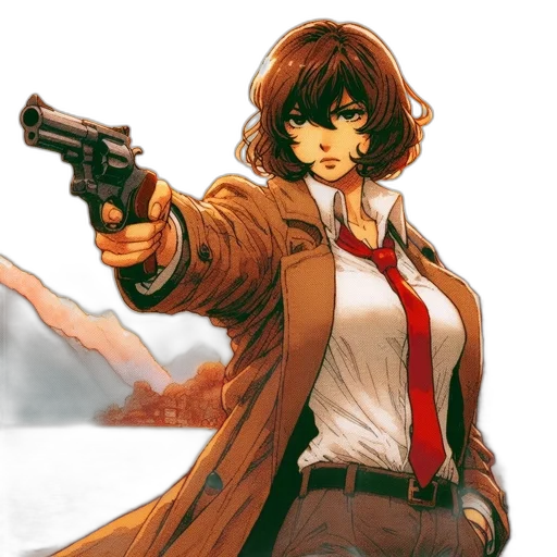 weapon, jacket, comic book art, concept art, anime, pixel art, red, female transparent PNG cut-out