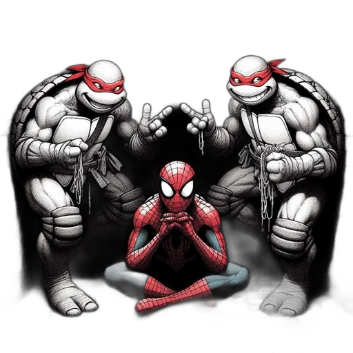 comic book art, concept art, two, anthropomorphic, turtles, reminiscent, tmnt, hold transparent PNG cut-out