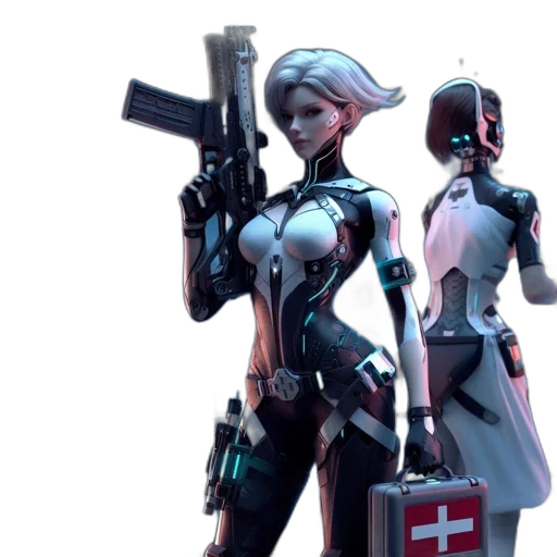 weapon, robot, concept art, cyberpunk, 3d render, fantasy art, two, women transparent PNG cut-out