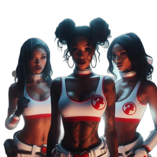 concept art, three, women, clad, white, red, circular, logos transparent PNG cut-out