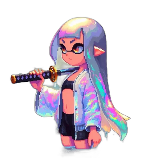 weapon, staff, dress, animal, vaporwave, pixel art, concept art, 3d render transparent PNG cut-out