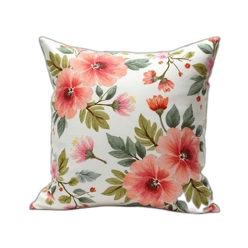 furniture, flower, photorealistic, white, pillow, colorful, floral, pattern transparent PNG cut-out