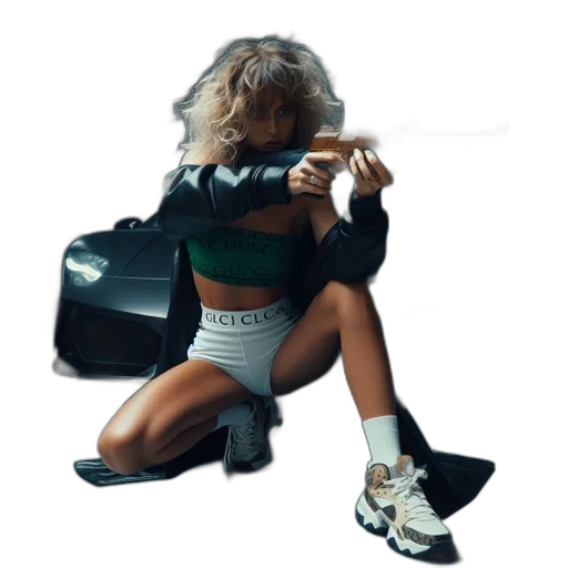 car, jacket, shoes, hair, concept art, vaporwave, neon lights, woman transparent PNG cut-out