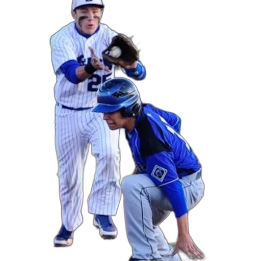 staff, baseball, player, blue, uniform, crouching, field, while transparent PNG cut-out