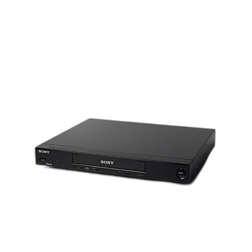 3d render, sleek, black, sony, dvd, player, displayed, against transparent PNG cut-out