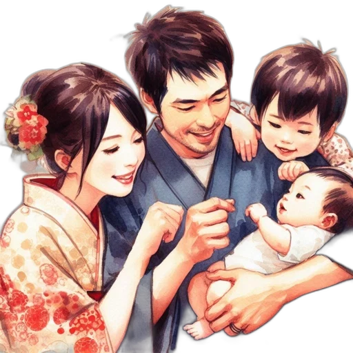 photorealistic, oil painting, watercolor, painting, joyful, family, scene, unfolds transparent PNG cut-out