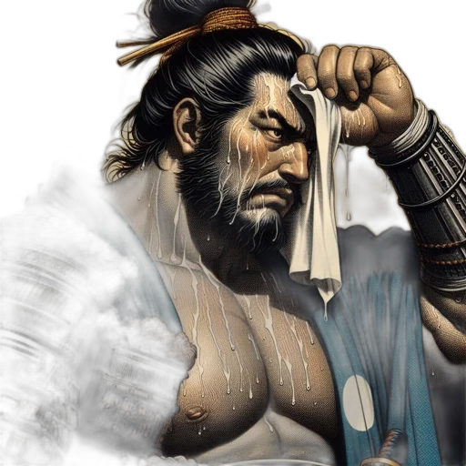fantasy art, concept art, photorealistic, comic book art, weary, asian, warrior, intricate transparent PNG cut-out